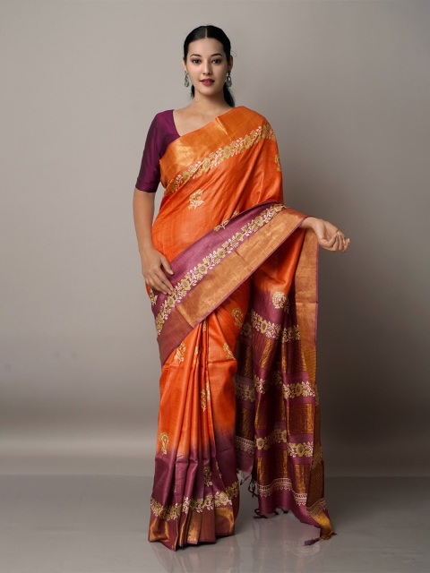 

Unnati Silks Orange & Purple Floral Zari Pure Silk Tussar Saree