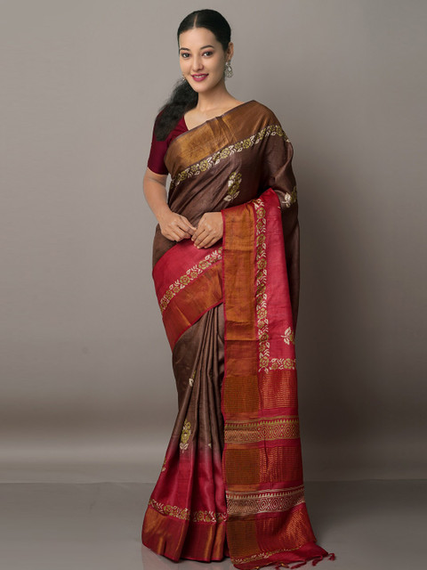 

Unnati Silks Brown & Red Floral Pure Silk Tussar Saree