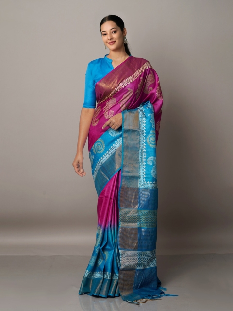 

Unnati Silks Pink & Blue Ethnic Motifs Zari Pure Silk Tussar Saree