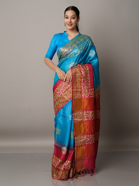 

Unnati Silks Blue & Red Floral Pure Silk Tussar Saree