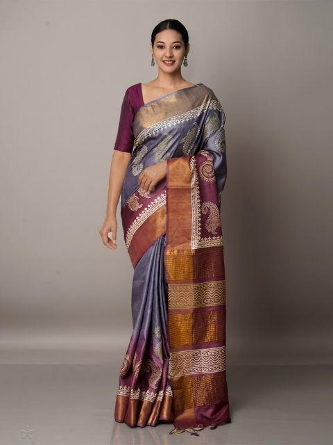 

Unnati Silks Grey & Purple Paisley Zari Pure Silk Tussar Saree