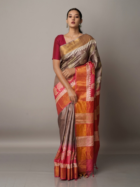 

Unnati Silks Brown & Red Paisley Zari Pure Silk Tussar Saree
