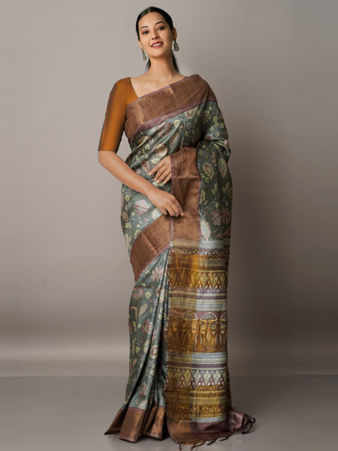 

Unnati Silks Green & Purple Ethnic Motifs Zari Pure Silk Tussar Saree