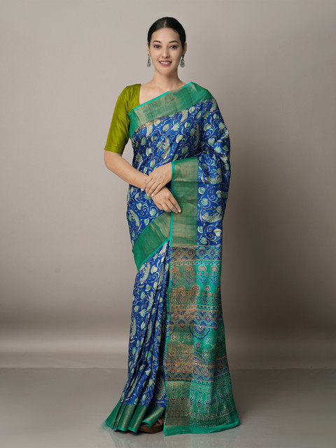 

Unnati Silks Blue & Green Ethnic Motifs Zari Pure Silk Tussar Saree