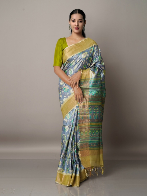 

Unnati Silks Blue & Green Ethnic Motifs Zari Pure Silk Tussar Saree