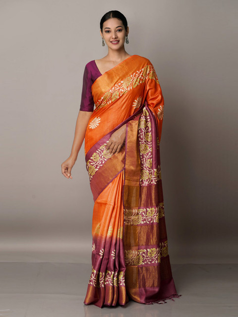 

Unnati Silks Orange & Pink Floral Zari Pure Silk Tussar Saree