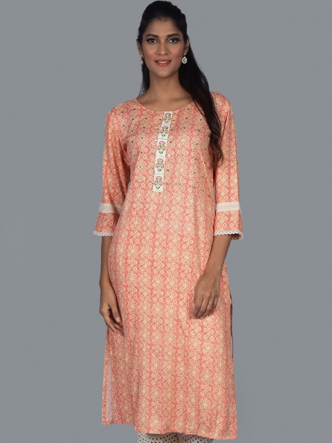 

taruni Women Peach-Coloured Ethnic Motifs Printed Thread Work Kurta with Trousers