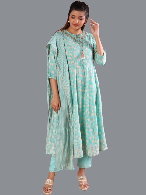 

taruni Women Sea Green Floral Printed Beads and Stones Kurta with Trousers & With Dupatta