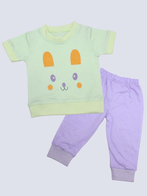 

Born Babies Kids Green & Purple Printed Cotton Blend T-shirt with Trousers set