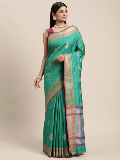 

KAITHY CREATION Green & Gold-Toned Floral Zari Pure Silk Banarasi Saree