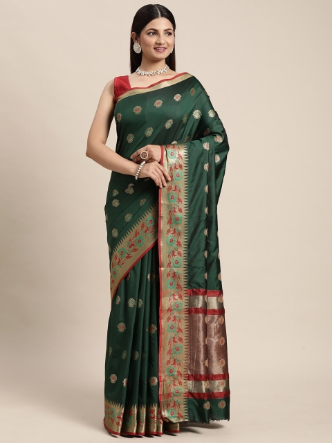 

KAITHY CREATION Green & Gold-Toned Floral Zari Pure Silk Banarasi Saree