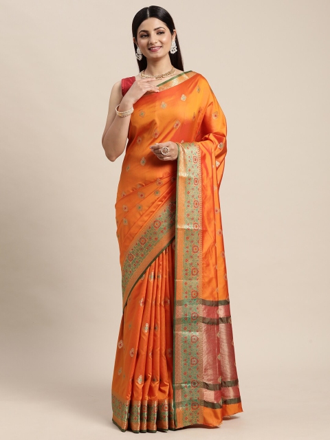 

KAITHY CREATION Orange & Gold-Toned Floral Zari Pure Silk Banarasi Saree