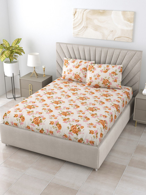 

BOMBAY DYEING Beige & Rust Floral 120 TC Double Queen Bedsheet with 2 Pillow Covers