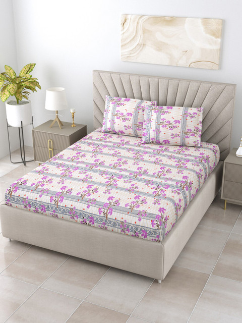 

BOMBAY DYEING White & Purple Floral 120 TC Super King Bedsheet with 2 Pillow Covers