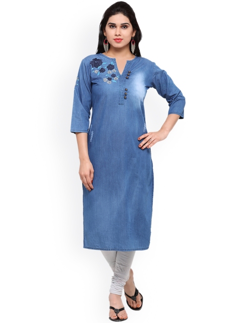 

Kvsfab Women Blue Solid Straight Denim Kurta