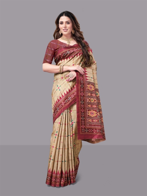 

HERE&NOW Green And Brown Ethnic Motifs Ikat Saree