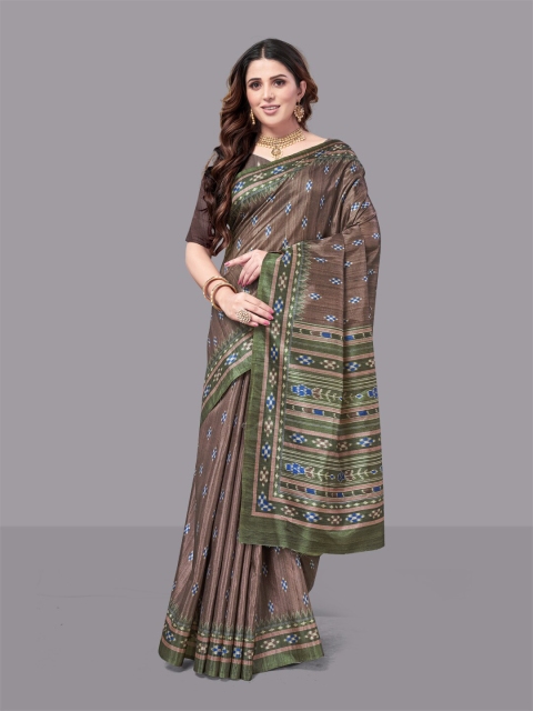 

HERE&NOW Brown And Green Ethnic Motifs Ikat Saree