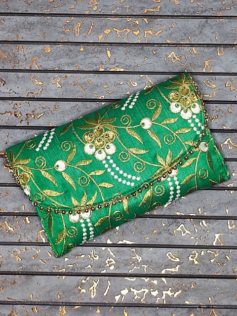 

CRAYTON Women Green & White Embroidered Fabric Purse Clutch