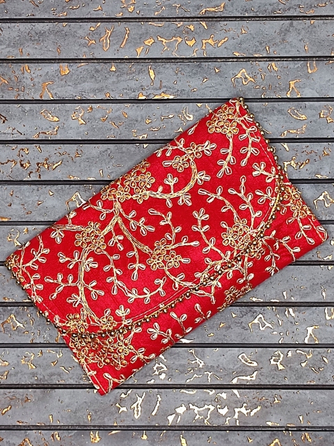 

CRAYTON Women Red & Gold Embroidered Fabric Purse Clutch