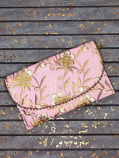 

CRAYTON Women Pink & Gold-Toned Embroidered Fabric Purse Clutch