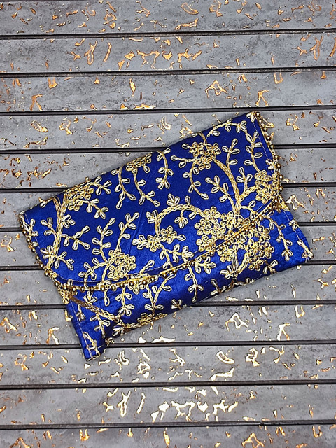 

CRAYTON Women Blue & Gold Embroidered Fabric Purse Clutch