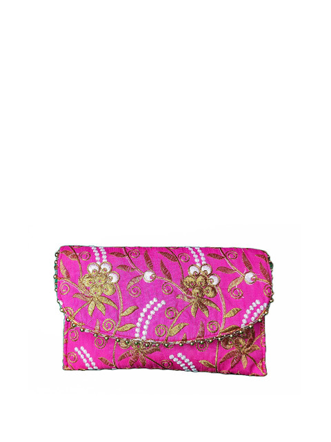 

CRAYTON Women Pink & Gold Embroidered Fabric Purse Clutch