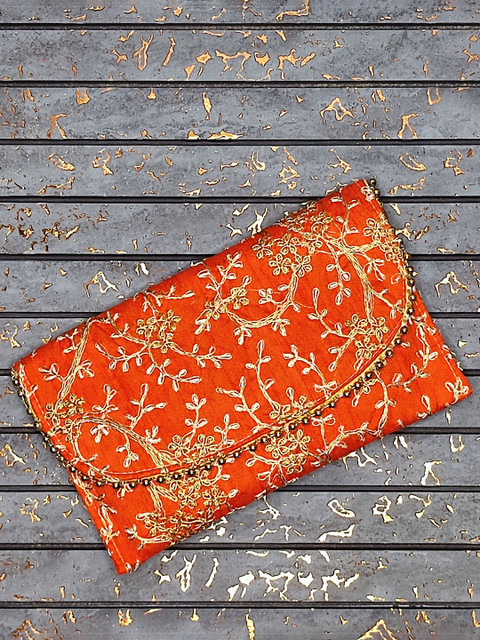 

CRAYTON Women Orange & Gold Embroidered Fabric Purse Clutch
