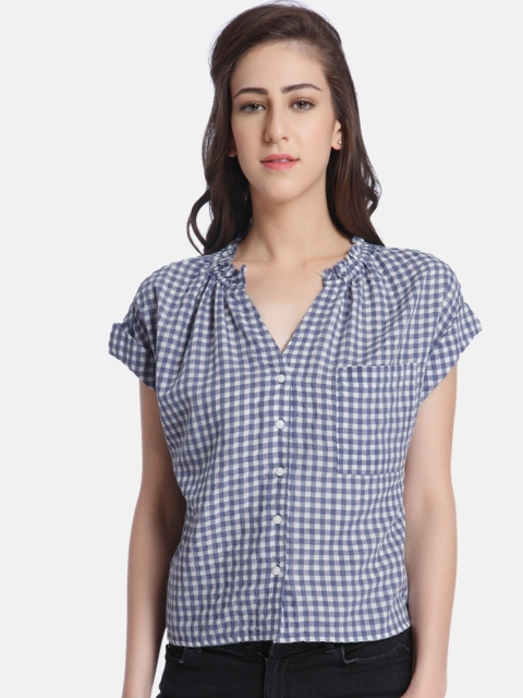 

ONLY Women Blue & White Checked Shirt Style Top