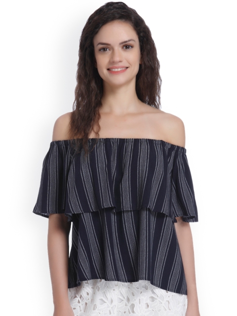 

ONLY Women Navy Blue Striped Bardot Top