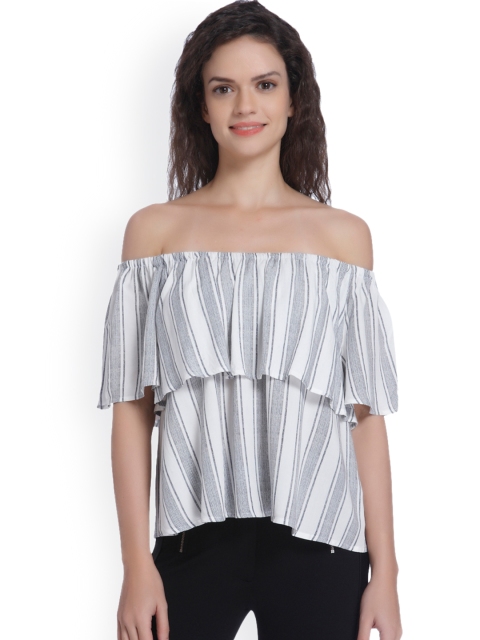 

ONLY Women White & Navy Striped Bardot Top