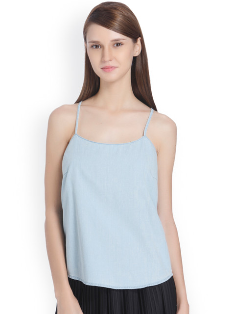 

ONLY Women Blue Solid Styled Back Denim Pure Cotton Top
