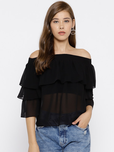 

ONLY Women Black Solid Semi-Sheer Layered Bardot Top