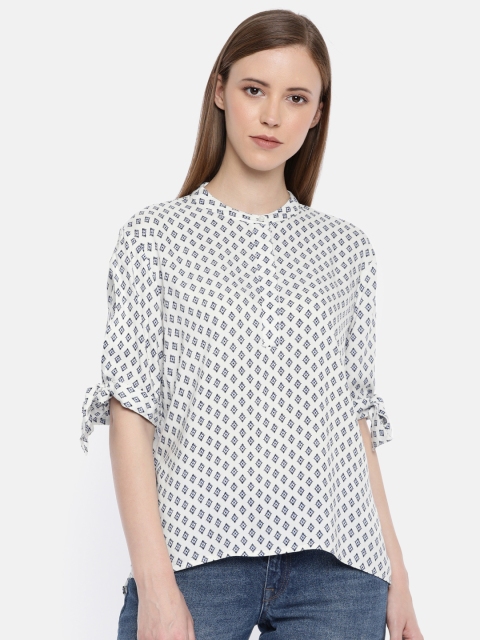 

ONLY Women White & Blue Printed Tie-Up Sleeve Top
