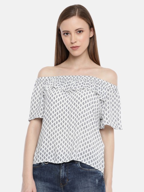 

ONLY Women White & Blue Printed Off-Shoulder Top