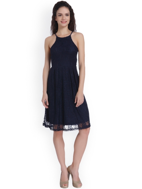 

ONLY Women Navy Self Design Fit & Flare Lace Dress, Navy blue