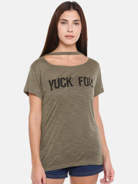 

ONLY Women Olive Green Printed Round Neck T-shirt