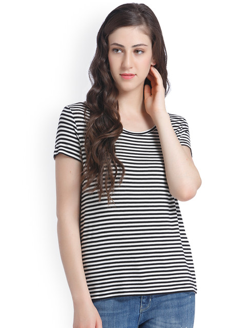 

ONLY Women White & Black Striped Round Neck T-shirt
