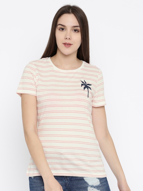 

ONLY Women Off-White & Pink Striped Round Neck T-shirt