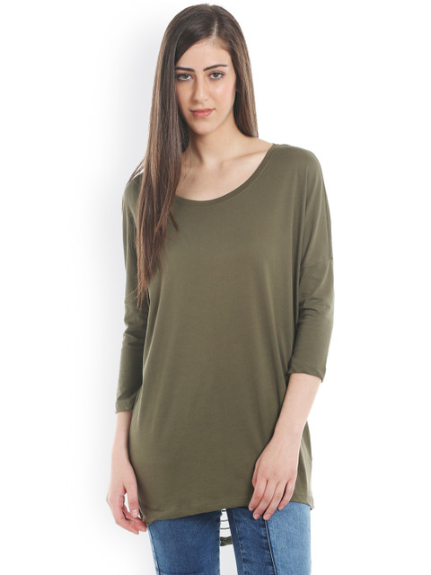 

ONLY Women Olive Green Solid Longline Styled-Back Pure Cotton Top