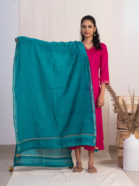 

AKISO Women Teal & Gold Solid Silk Blend Chanderi Dupatta
