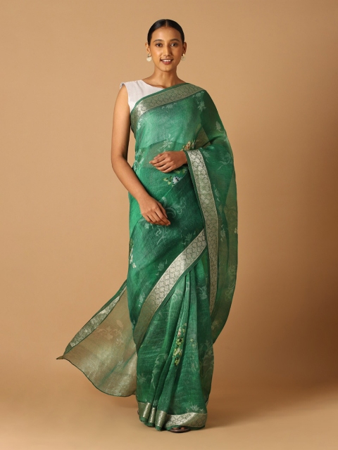 

Taneira Green & Gold-Toned Floral Zari Silk Blend Saree