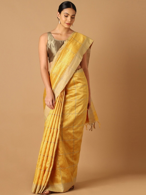 

Taneira Yellow & Gold-Toned Checked Pure Silk Bhagalpuri Saree