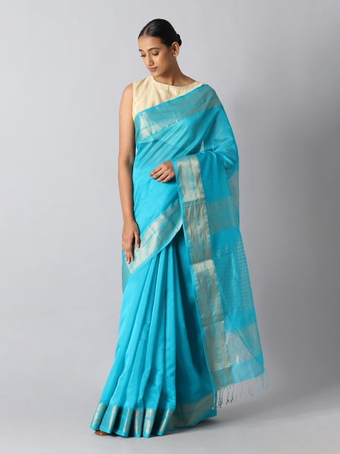 

Taneira Blue & Gold-Toned Zari Silk Cotton Maheshwari Saree