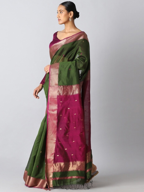 

Taneira Green & Pink Floral Zari Silk Cotton Maheshwari Saree