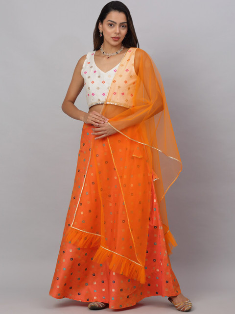 

NEUDIS Orange & White Lehenga & Blouse With Dupatta