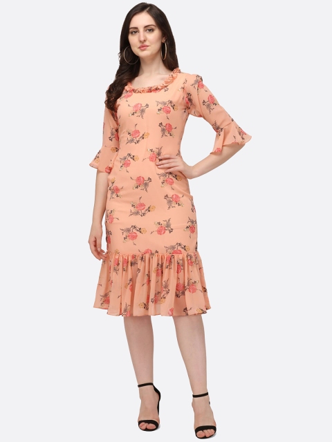

FAVRIZ Women Orange & Red Floral Printed Georgette Midi Dress