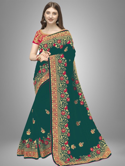 

Trendmalls Sea Green & Red Floral Heavy Embroidery Work Pure Silk Saree With Blouse