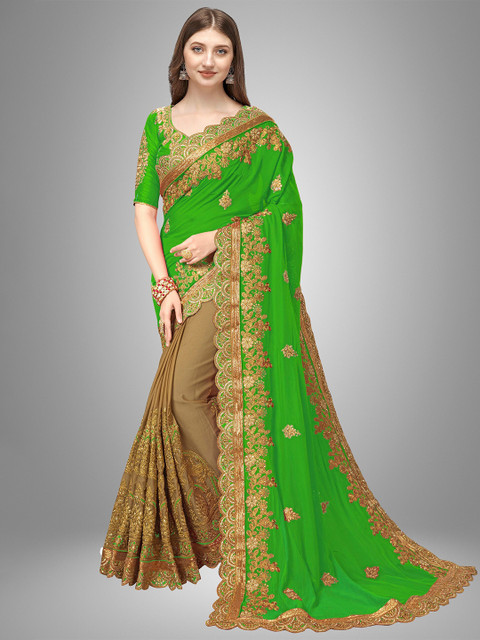 

Trendmalls Sea Green & Gold-Toned Floral Embroidered Pure Silk Saree