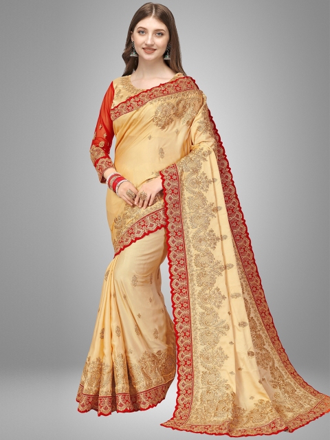 

Trendmalls Beige & Red Floral Embroidered Satin Saree