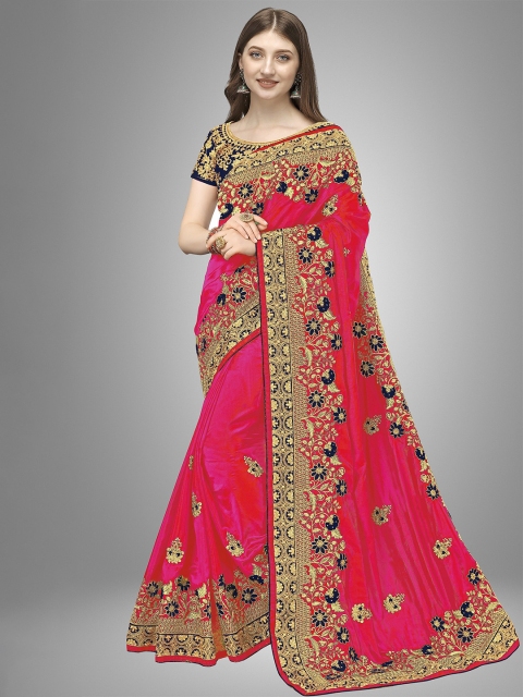 

Trendmalls Pink & Navy Blue Floral Embroidered Pure Silk Saree